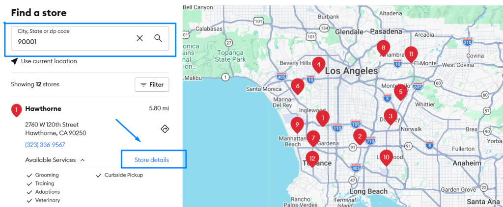 entering the zip code on petsmart store locator page
