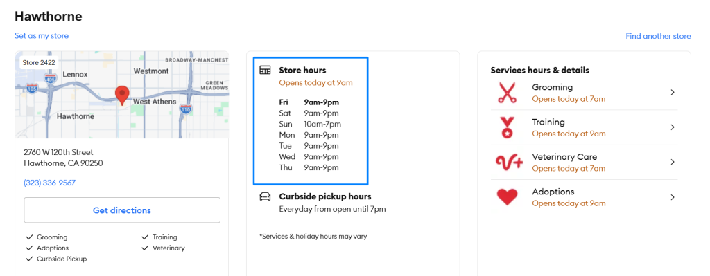 petsmart store page showing working hours