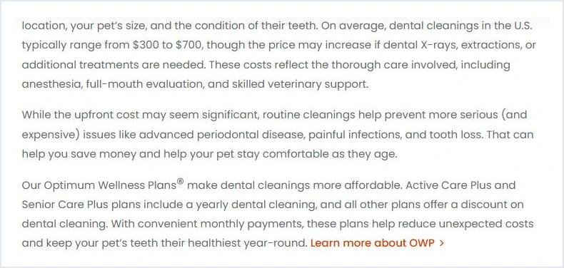 Banfield's explanation of dental cleaning costs and which wellness plans include a yearly cleaning