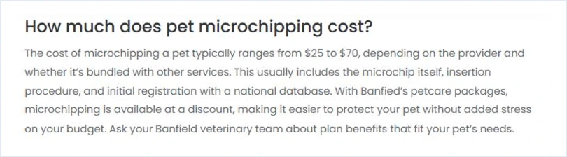 Banfield's explanation of what pet microchipping costs and includes