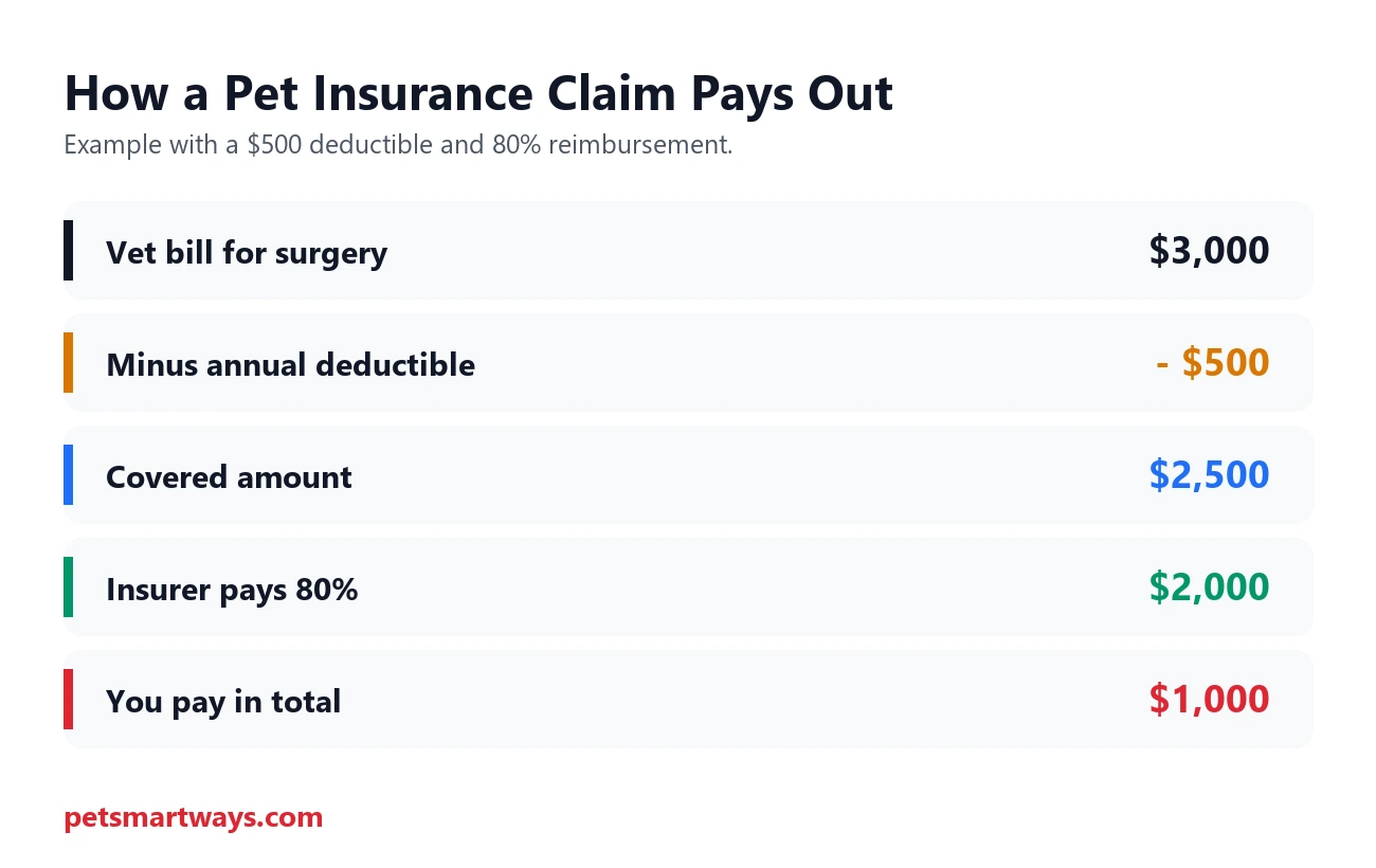 Example of a pet insurance claim with a $3,000 bill, $500 deductible and 80 percent reimbursement