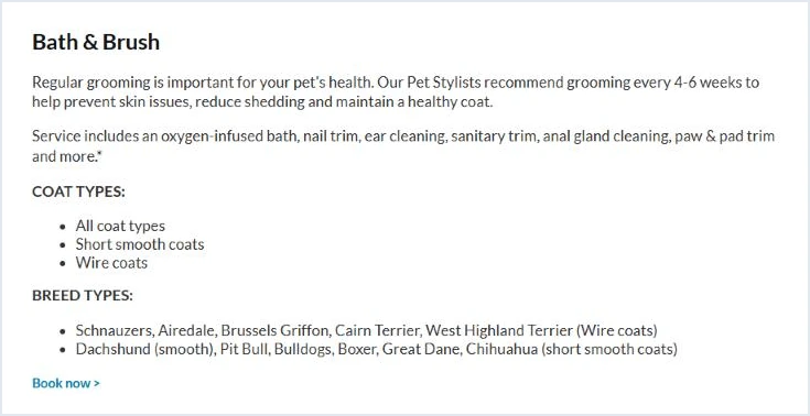 What PetSmart's Bath & Brush service includes and which coat types it suits
