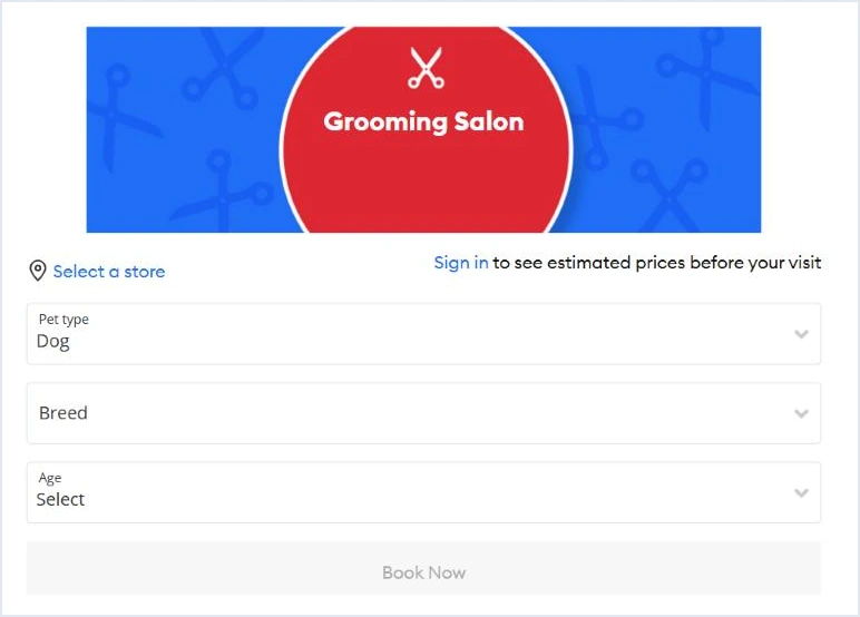 PetSmart grooming booking tool asking you to sign in to see estimated prices