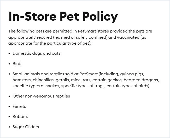 PetSmart's In-Store Pet Policy listing which pets are allowed in stores