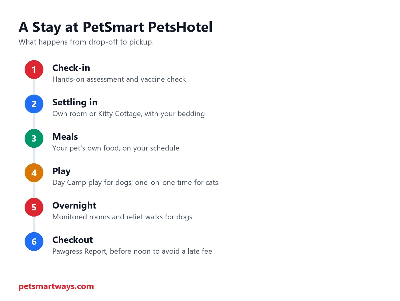 What happens during a PetSmart PetsHotel stay, from check-in to checkout