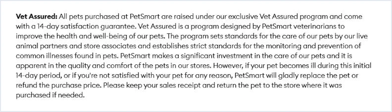 PetSmart's Vet Assured 14-day satisfaction guarantee wording on a live fish product page